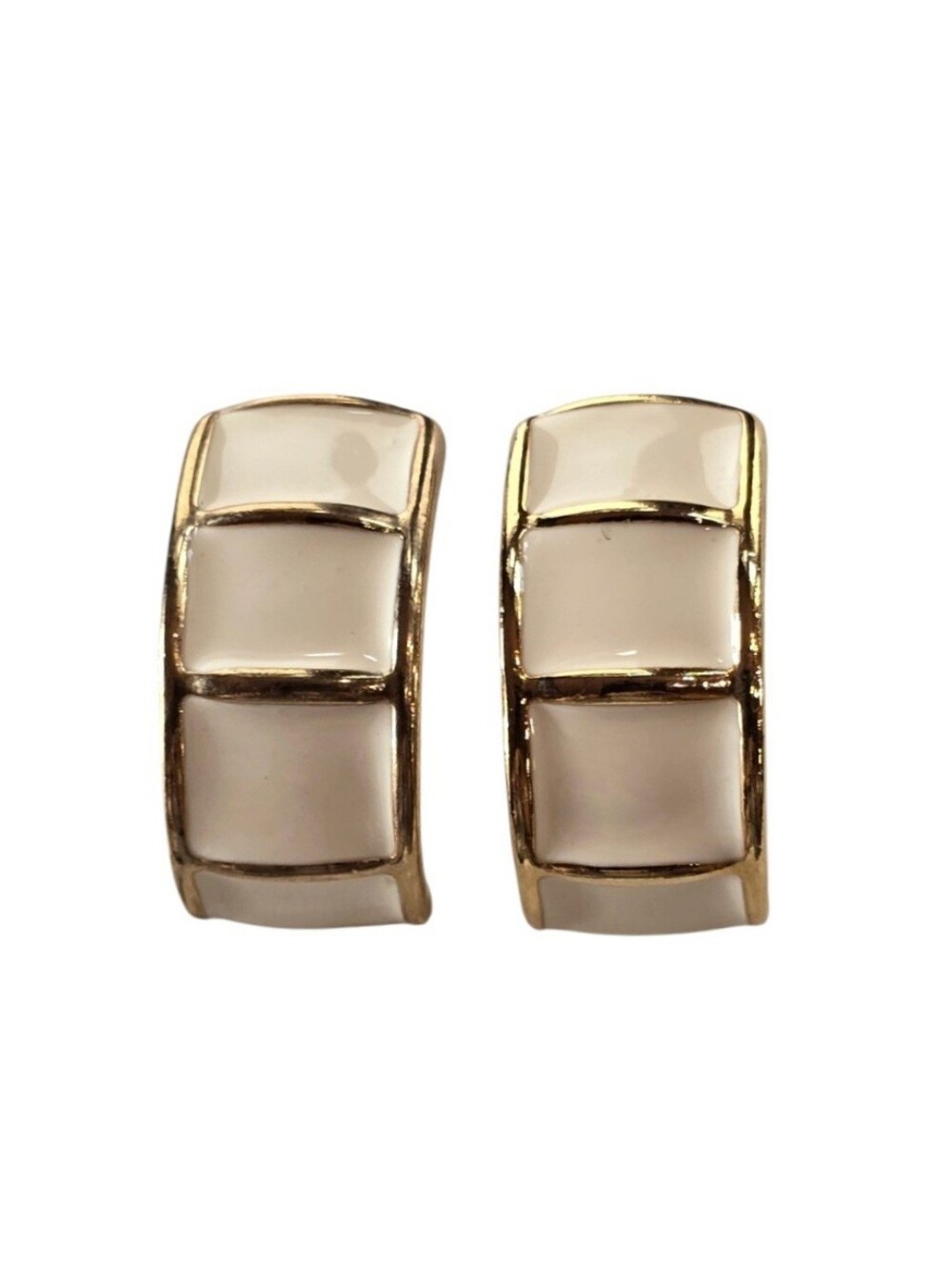 Chunky Goldtone Cream Enamel Made In USA Pierced Vintage Earrings